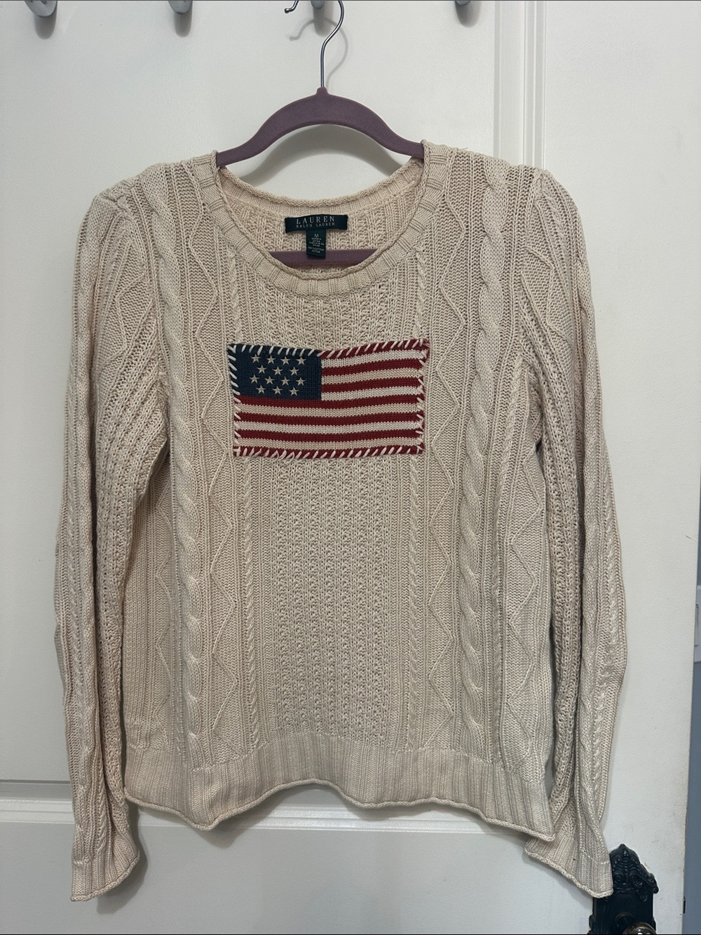 Lauren Ralph Lauren Cream Cable Knit Crew Sweater with Flag Patch